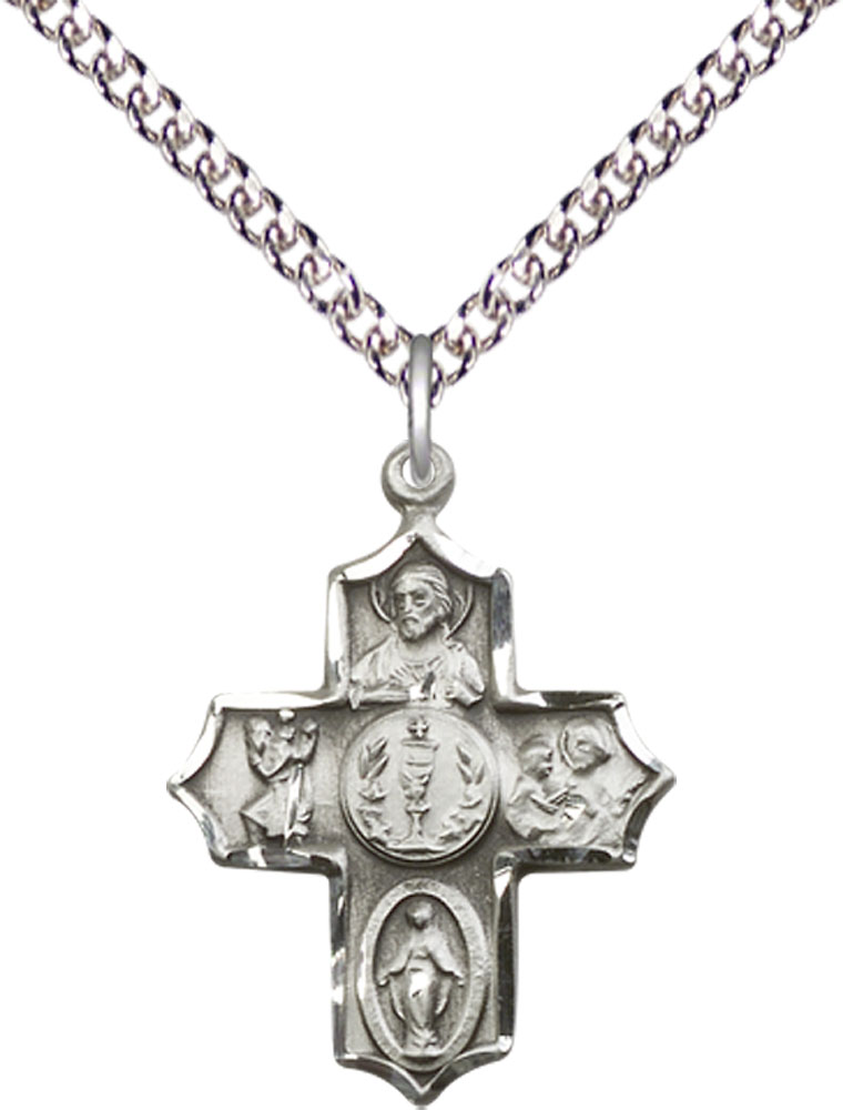Sterling Silver 4-Way Pendant on a 24 inch Sterling Silver Heavy Curb chain
