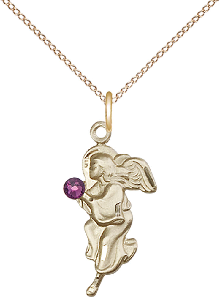 14kt Gold Filled Guardian Angel Pendant with a 3mm Amethyst Swarovski stone on a 18 inch Gold Filled Light Curb chain