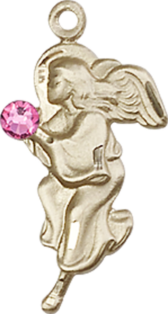 14kt Gold Guardian Angel Medal with a 3mm Rose Swarovski stone
