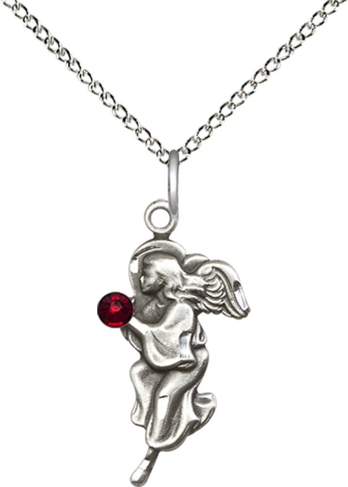 Sterling Silver Guardian Angel Pendant with a 3mm Garnet Swarovski stone on a 18 inch Sterling Silver Light Curb chain