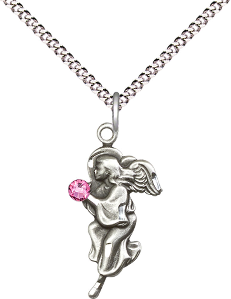 Sterling Silver Guardian Angel Pendant with a 3mm Rose Swarovski stone on a 18 inch Light Rhodium Light Curb chain