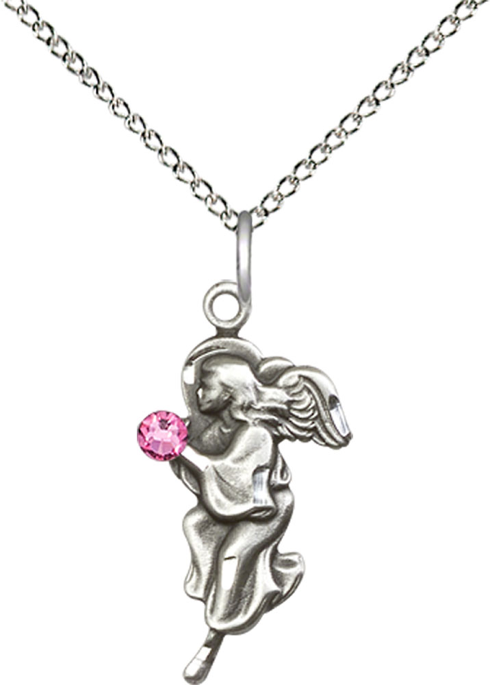 Sterling Silver Guardian Angel Pendant with a 3mm Rose Swarovski stone on a 18 inch Sterling Silver Light Curb chain