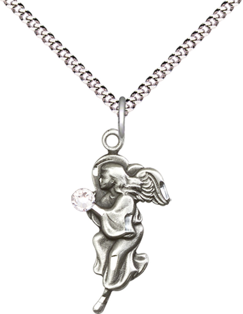 Sterling Silver Guardian Angel Pendant with a 3mm Crystal Swarovski stone on a 18 inch Light Rhodium Light Curb chain