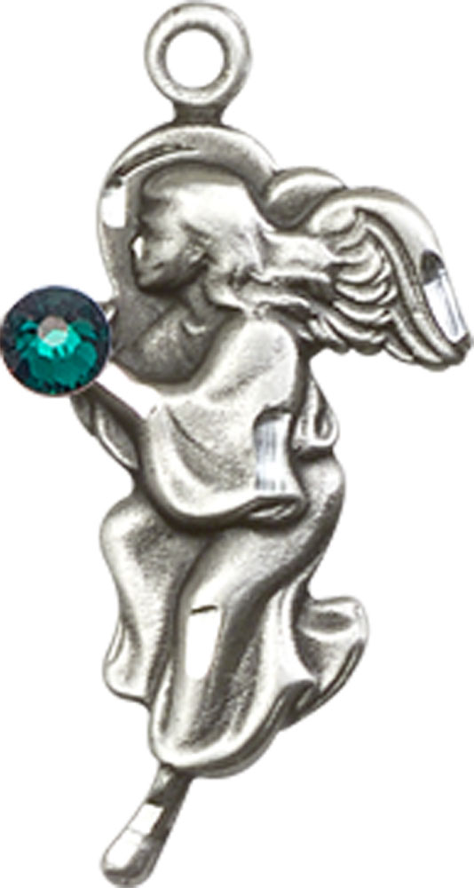 Sterling Silver Guardian Angel Medal with a 3mm Emerald Swarovski stone