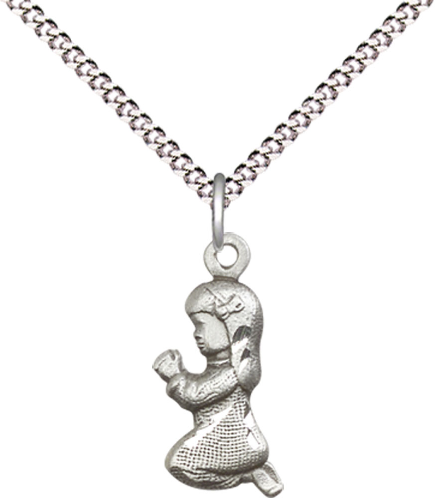 Sterling Silver Praying Girl Pendant on a 18 inch Light Rhodium Light Curb chain