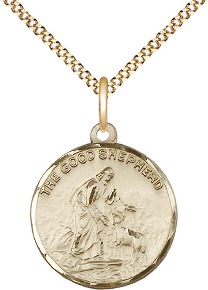 14kt Gold Filled Good Shepherd Pendant on a 18 inch Gold Plate Light Curb chain
