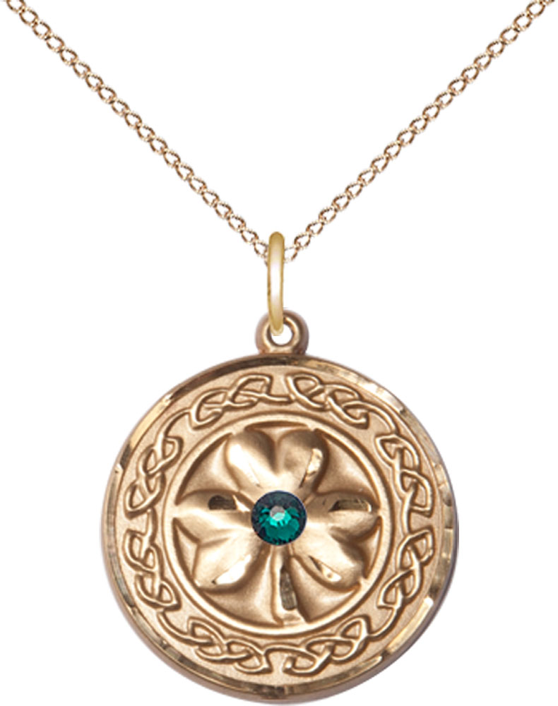 14kt Gold Filled Shamrock w/Celtic Border &amp; Emerald Stone Pendant with a 3mm Emerald Swarovski stone on a 18 inch Gold Filled Light Curb chain