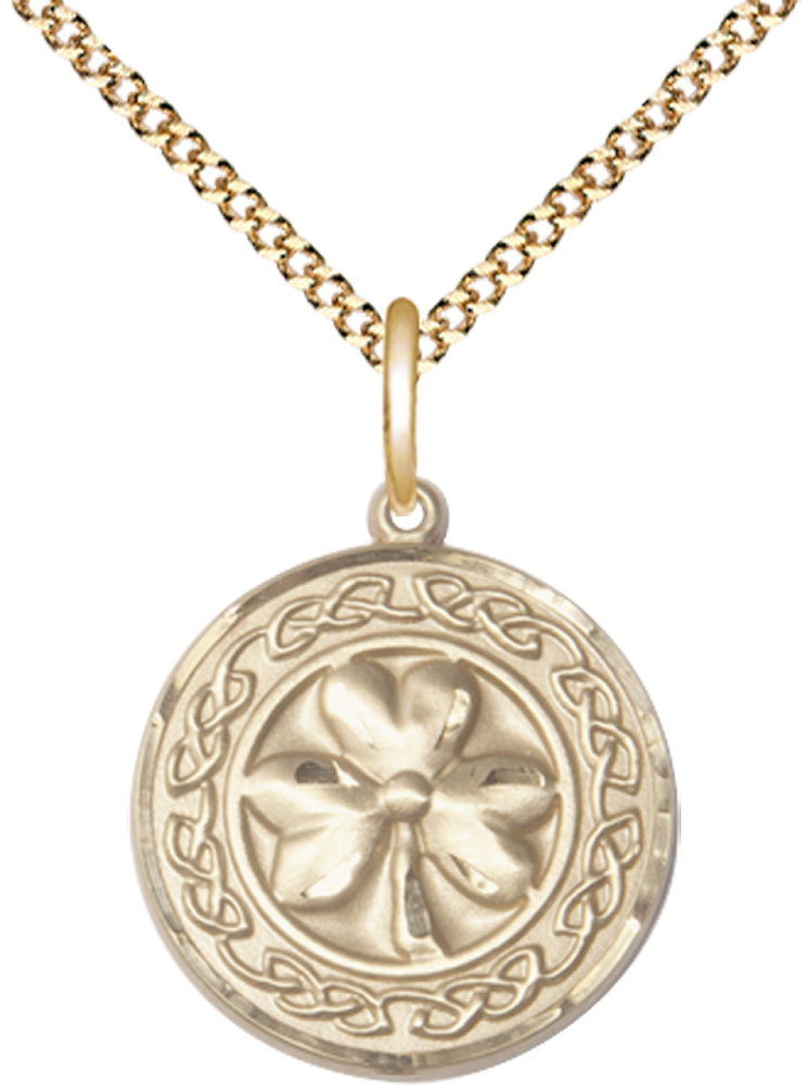 14kt Gold Filled Shamrock w/Celtic Border Pendant on a 18 inch Gold Plate Light Curb chain
