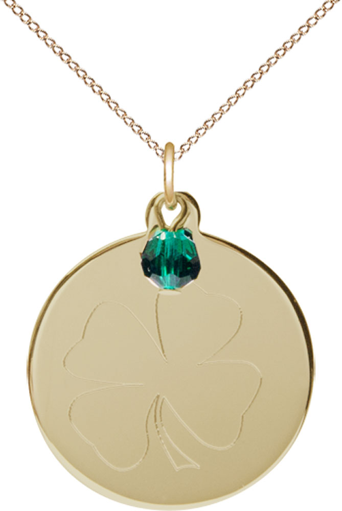 14kt Gold Filled Shamrock Pendant with a Emerald bead on a 18 inch Gold Filled Light Curb chain