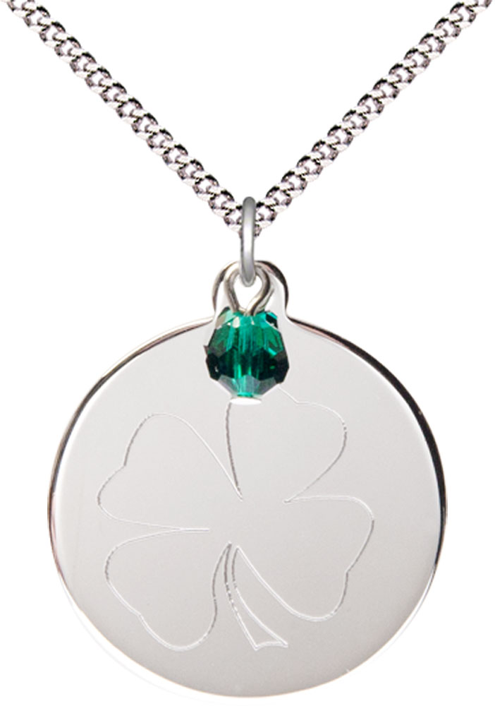 Sterling Silver Shamrock Pendant with a Emerald bead on a 18 inch Light Rhodium Light Curb chain