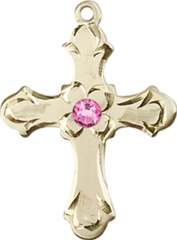 14kt Gold Cross Medal with a 3mm Rose Swarovski stone
