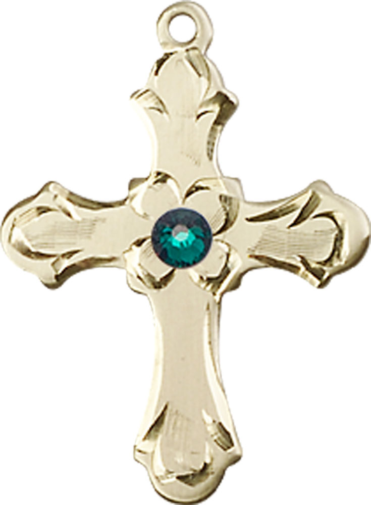 14kt Gold Cross Medal with a 3mm Emerald Swarovski stone