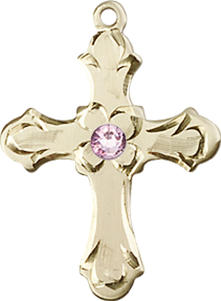 14kt Gold Cross Medal with a 3mm Light Amethyst Swarovski stone