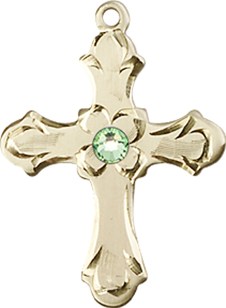 14kt Gold Cross Medal with a 3mm Peridot Swarovski stone