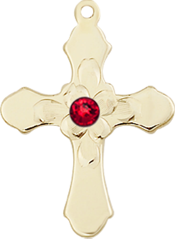 14kt Gold Cross Medal with a 3mm Ruby Swarovski stone