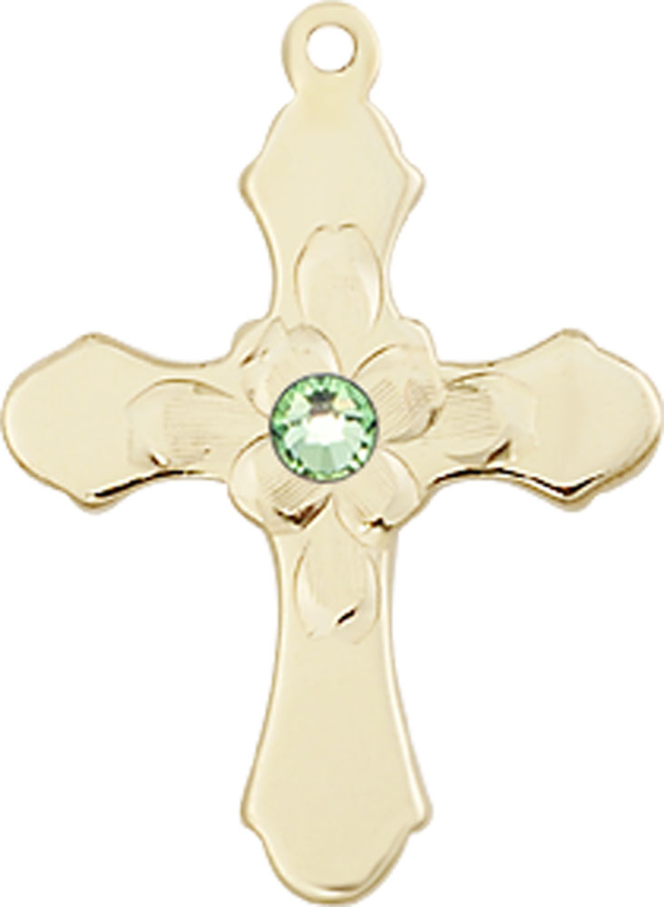 14kt Gold Cross Medal with a 3mm Peridot Swarovski stone