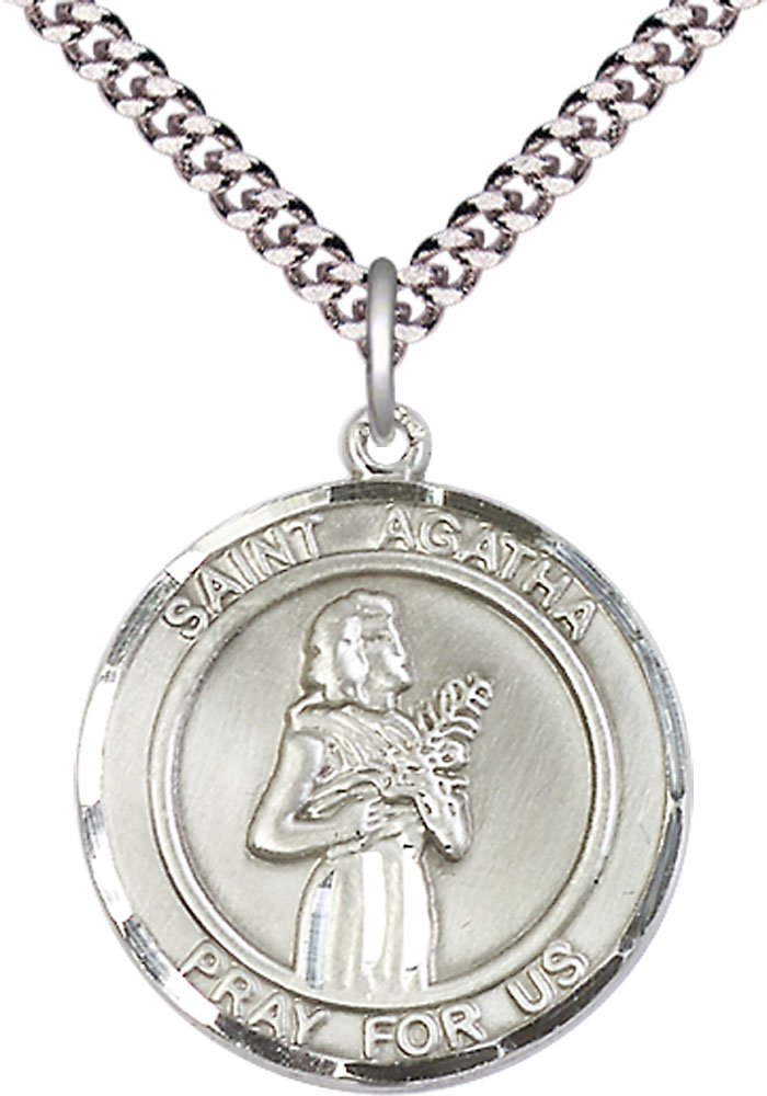 Sterling Silver Saint Agatha Pendant on a 24 inch Light Rhodium Heavy Curb chain