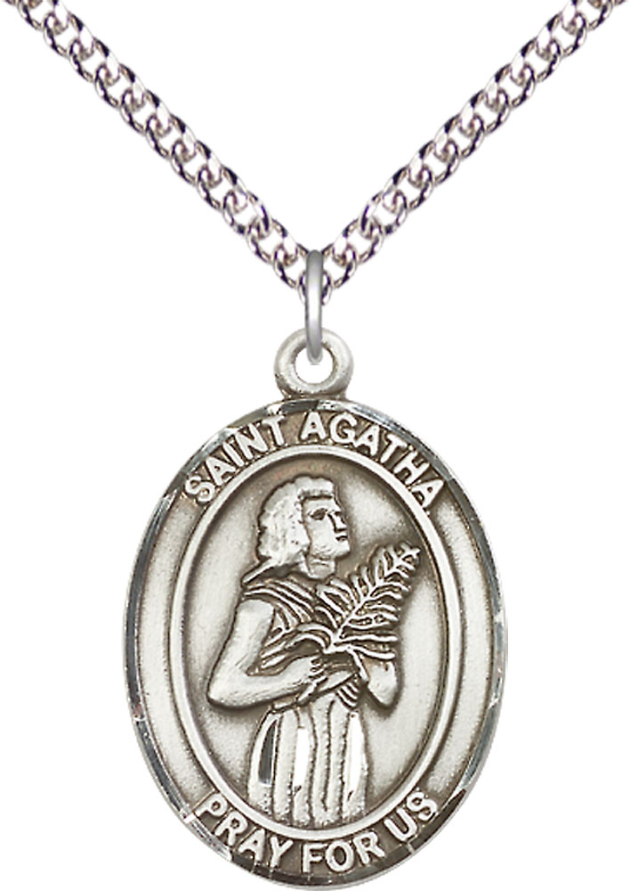 Sterling Silver Saint Agatha Pendant on a 24 inch Sterling Silver Heavy Curb chain