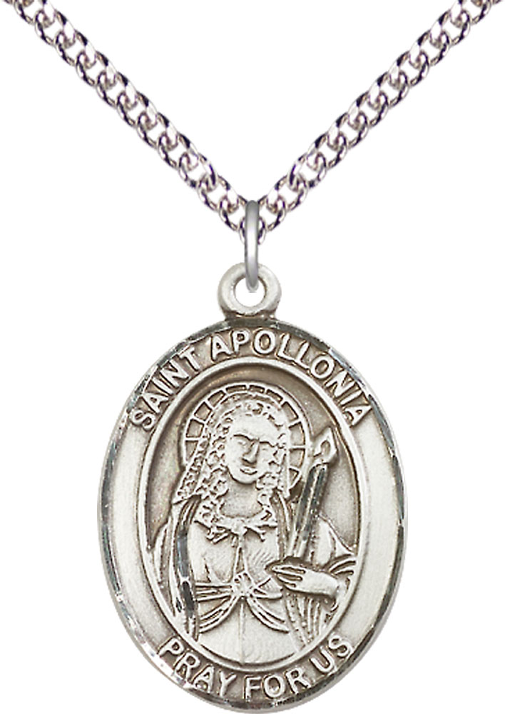 Sterling Silver Saint Apollonia Pendant on a 24 inch Sterling Silver Heavy Curb chain