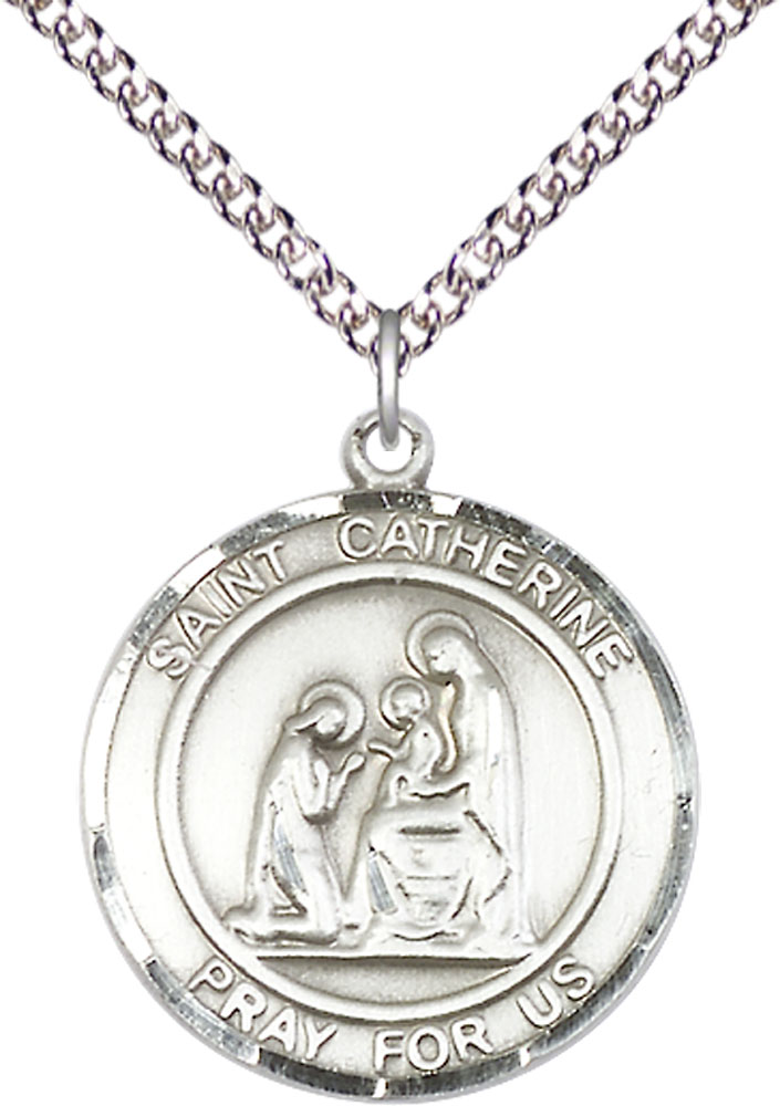 Sterling Silver Saint Catherine of Siena Pendant on a 24 inch Sterling Silver Heavy Curb chain