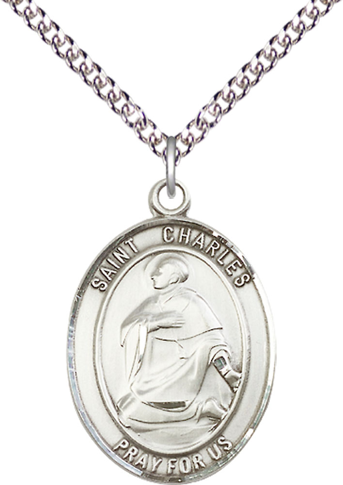 Sterling Silver Saint Charles Borromeo Pendant on a 24 inch Sterling Silver Heavy Curb chain
