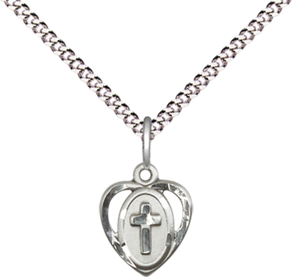 Sterling Silver Heart Cross Pendant with a Sapphire bead on a 18 inch Light Rhodium Light Curb chain