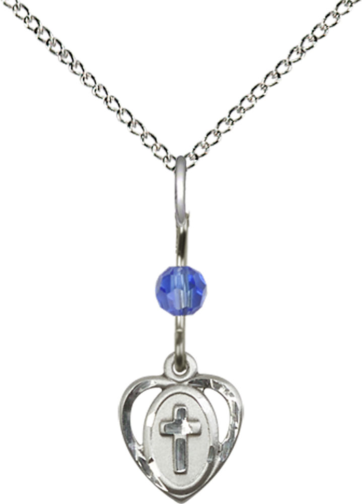 Sterling Silver Heart Cross Pendant with a Sapphire bead on a 18 inch Sterling Silver Light Curb chain