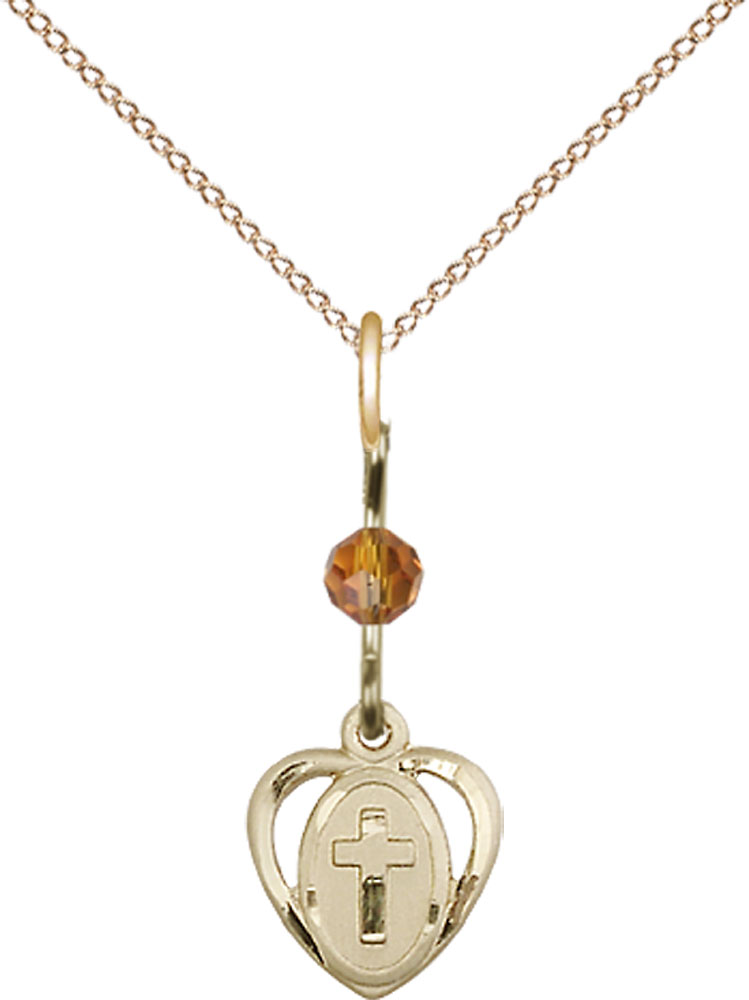 14kt Gold Filled Heart Cross Pendant with a Topaz bead on a 18 inch Gold Filled Light Curb chain