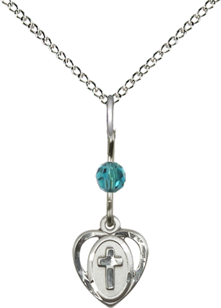 Sterling Silver Heart Cross Pendant with a Zircon bead on a 18 inch Sterling Silver Light Curb chain