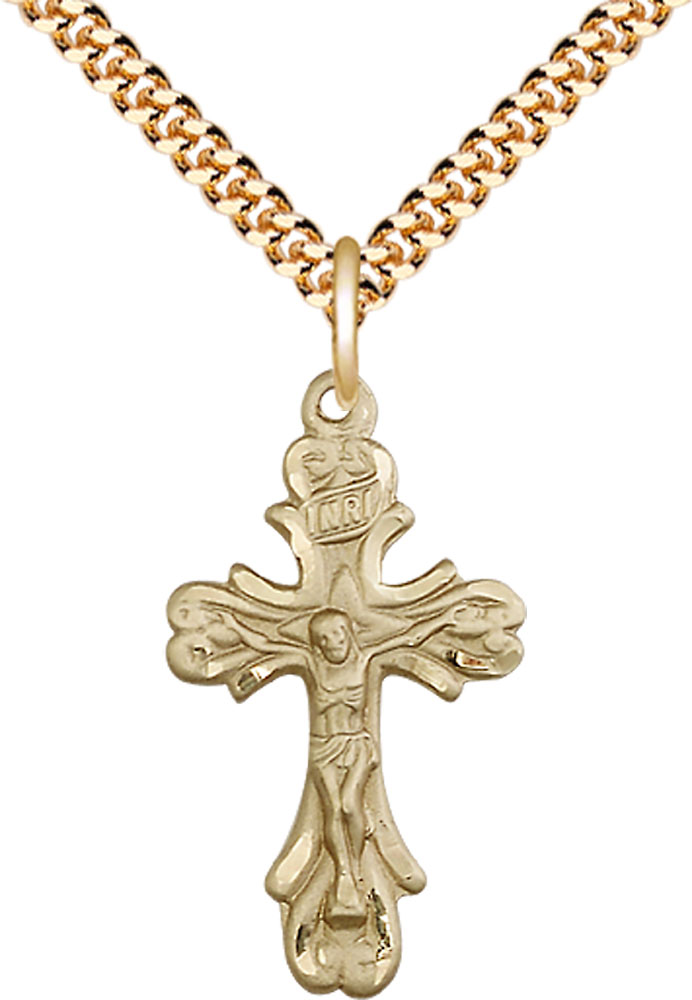 14kt Gold Filled Crucifix Pendant on a 24 inch Gold Plate Heavy Curb chain