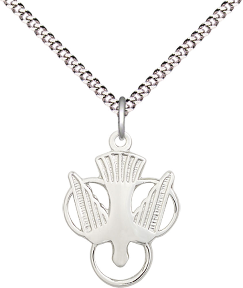 Sterling Silver Holy Spirit Pendant on a 18 inch Light Rhodium Light Curb chain