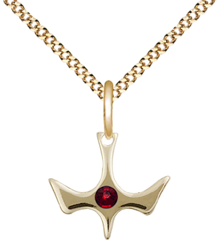 14kt Gold Filled Holy Spirit Pendant with a 3mm Garnet Swarovski stone on a 18 inch Gold Plate Light Curb chain