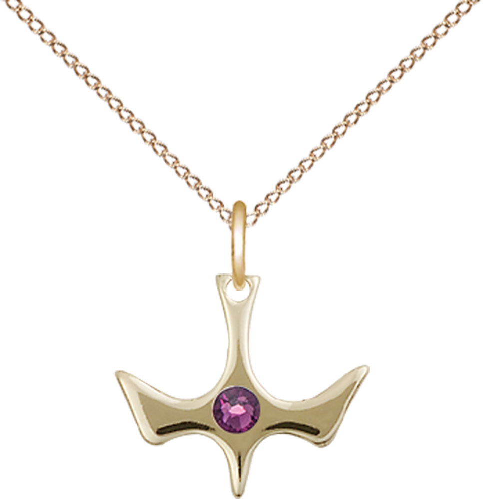 14kt Gold Filled Holy Spirit Pendant with a 3mm Amethyst Swarovski stone on a 18 inch Gold Filled Light Curb chain