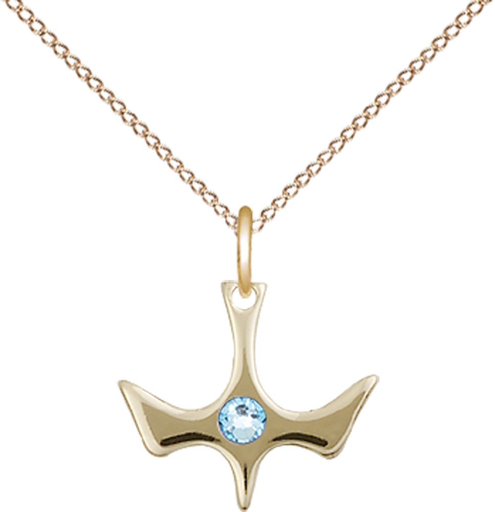 14kt Gold Filled Holy Spirit Pendant with a 3mm Aqua Swarovski stone on a 18 inch Gold Filled Light Curb chain