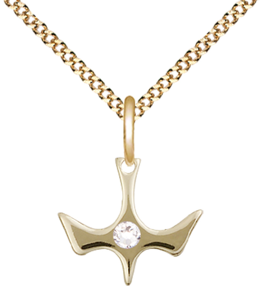 14kt Gold Filled Holy Spirit Pendant with a 3mm Crystal Swarovski stone on a 18 inch Gold Plate Light Curb chain