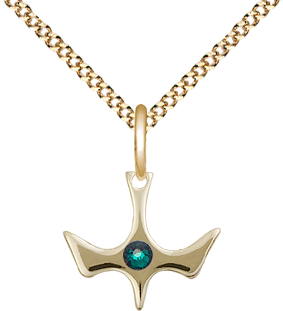 14kt Gold Filled Holy Spirit Pendant with a 3mm Emerald Swarovski stone on a 18 inch Gold Plate Light Curb chain