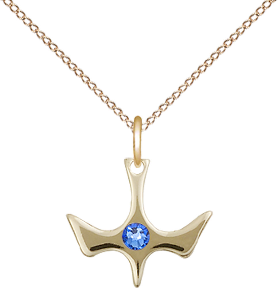 14kt Gold Filled Holy Spirit Pendant with a 3mm Sapphire Swarovski stone on a 18 inch Gold Filled Light Curb chain