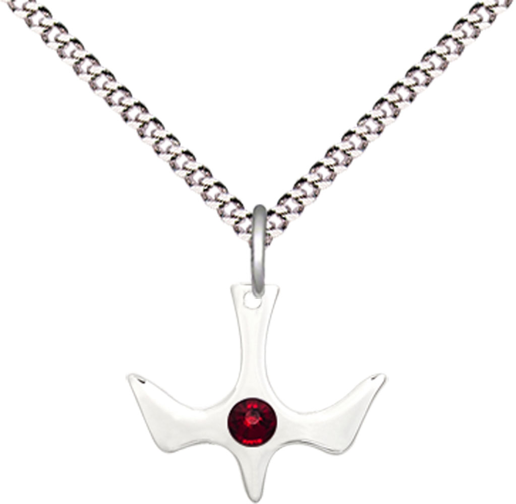 Sterling Silver Holy Spirit Pendant with a 3mm Garnet Swarovski stone on a 18 inch Light Rhodium Light Curb chain