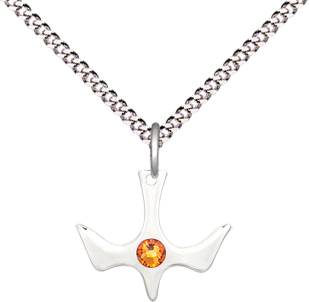 Sterling Silver Holy Spirit Pendant with a 3mm Topaz Swarovski stone on a 18 inch Light Rhodium Light Curb chain