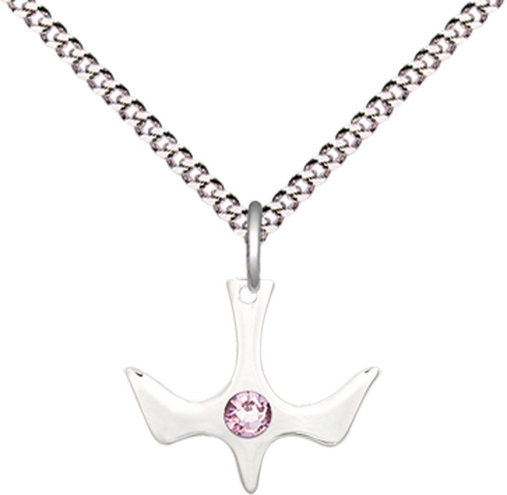 Sterling Silver Holy Spirit Pendant with a 3mm Light Amethyst Swarovski stone on a 18 inch Light Rhodium Light Curb chain