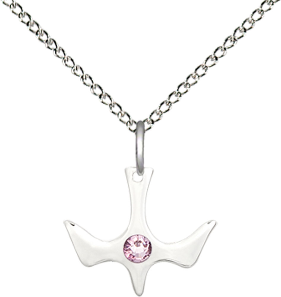 Sterling Silver Holy Spirit Pendant with a 3mm Light Amethyst Swarovski stone on a 18 inch Sterling Silver Light Curb chain