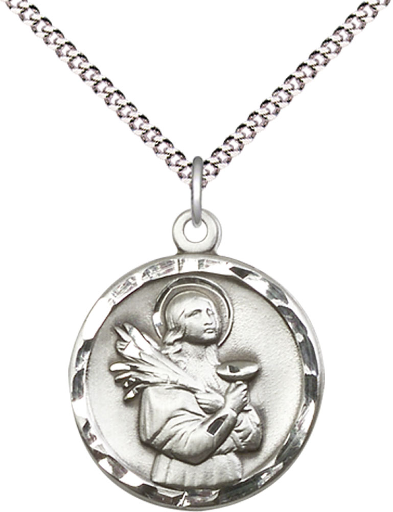 Sterling Silver Saint Lucy Pendant on a 18 inch Light Rhodium Light Curb chain