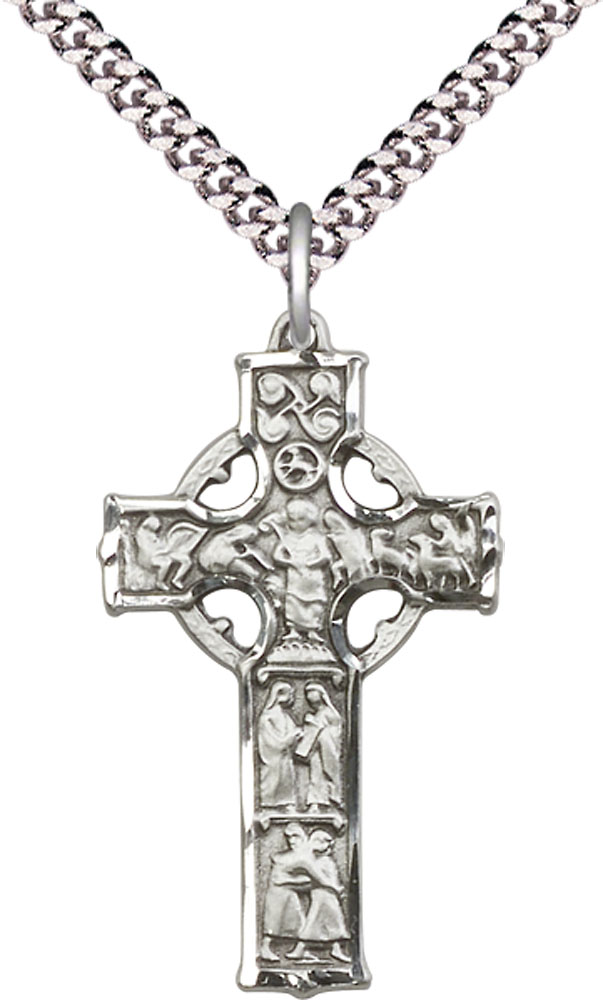 Sterling Silver Celtic Cross Pendant on a 24 inch Light Rhodium Heavy Curb chain