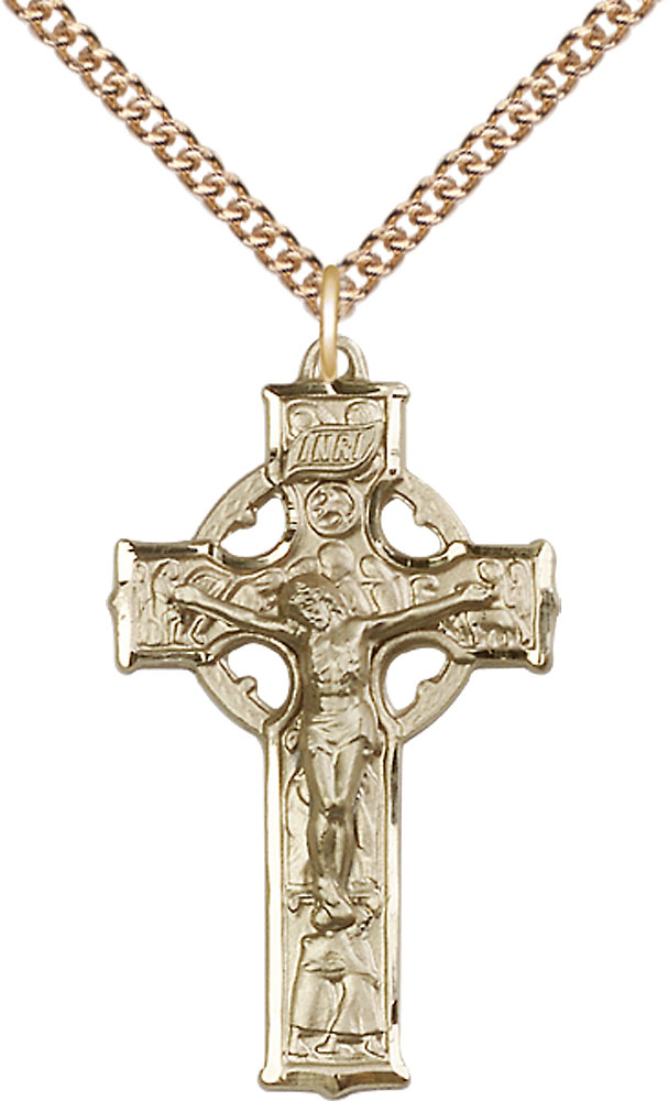 14kt Gold Filled Celtic Crucifix Pendant on a 24 inch Gold Filled Heavy Curb chain