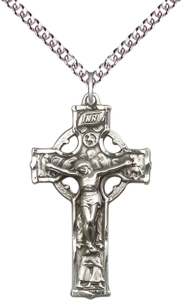 Sterling Silver Celtic Crucifix Pendant on a 24 inch Sterling Silver Heavy Curb chain