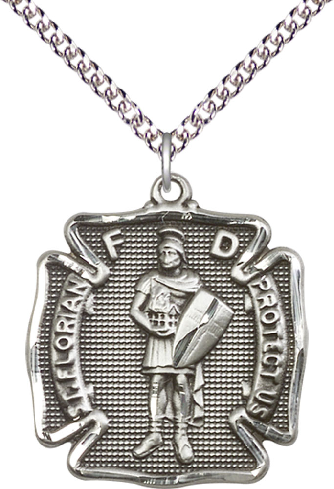 Sterling Silver Saint Florian Pendant on a 24 inch Sterling Silver Heavy Curb chain