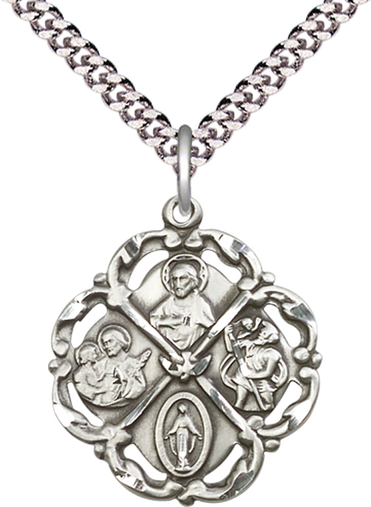Sterling Silver 5-Way Pendant on a 24 inch Light Rhodium Heavy Curb chain