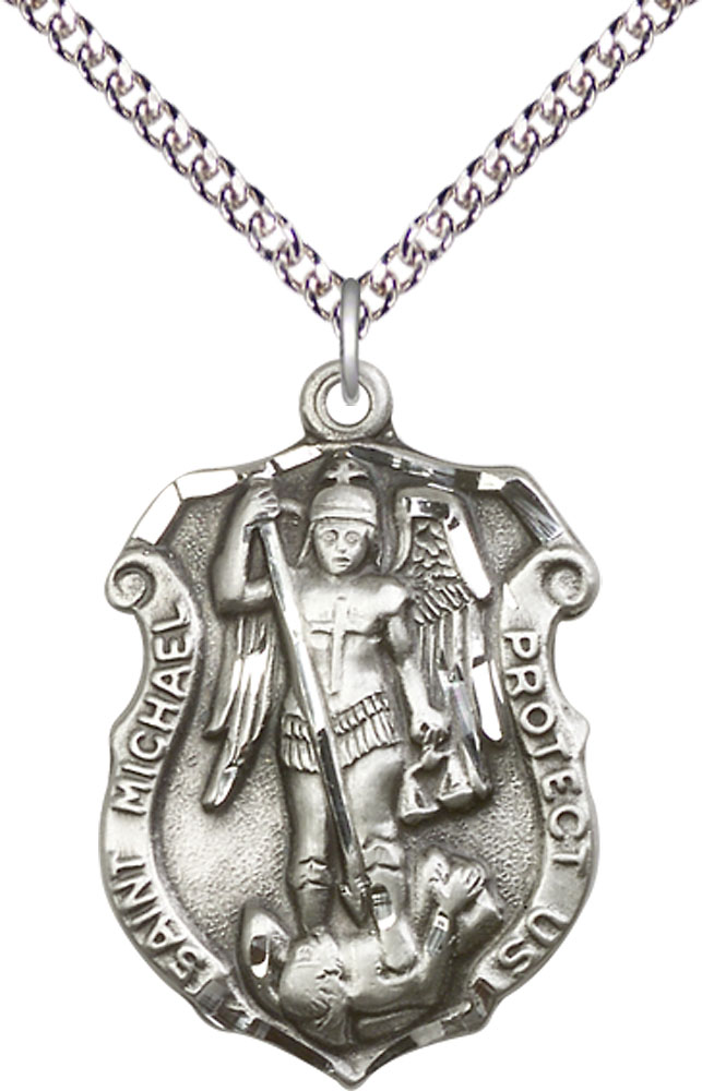 Sterling Silver Saint Michael the Archangel Shield Pendant on a 24 inch Sterling Silver Heavy Curb chain