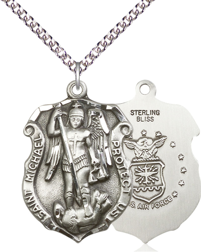 Sterling Silver Saint Michael Air Force Pendant on a 24 inch Sterling Silver Heavy Curb chain