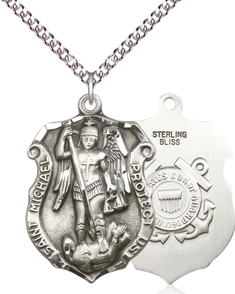 Sterling Silver Saint Michael Coast Guard Pendant on a 24 inch Sterling Silver Heavy Curb chain